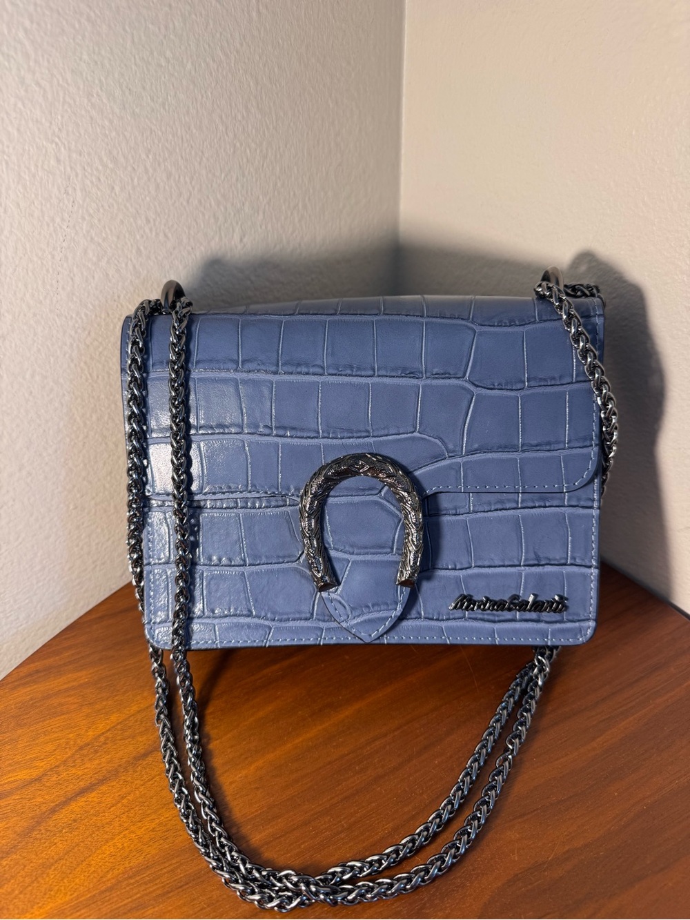 Marina Galanti Slate Blue Croc Leather Horseshoe Handbag